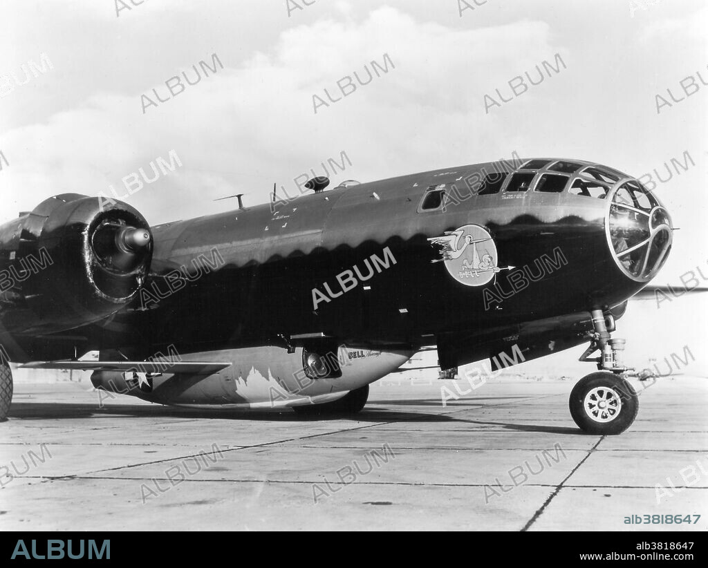 Bell X-1 resting in the belly of a B-29. The world's first supersonic aircraft, the Bell X-1, piloted by Charles "Chuck" Yeager, flew faster than the speed of sound on October 14th, 1947. The X-1 was carried into the air under a converted B-29 bomber, and released at an altitude of 6800 meters over Muroc, California. The X-1 was powered by a four-chamber XLR-11 rocket engine that generated 26.5 kilonewtons of thrust. This pushed the aircraft to a speed of 1078 km/h at an altitude of 12,800 meters - equivalent to 1.015 times the speed of sound. Yeager unofficially named to aircraft "Glamorous Glennis," after his wife. It is now displayed at the Smithsonian.