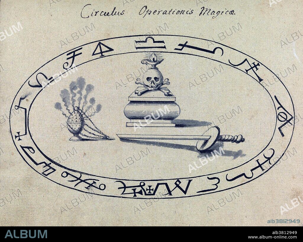 A magic circle is circle or sphere of space marked out by practitioners of many branches of ritual magic, which they generally believe will contain energy and form a sacred space, or will provide them a form of magical protection, or both. 18th century demonology book showing various demon figures, as well as magic and cabbalistic signs. The full Latin title of Compendium rarissimum totius Artis Magicae sistematisatae per celeberrimos Artis hujus Magistros, roughly translates to "A rare summary of the entire Magical Art by the most famous Masters of this Art". The bulk of the illustrations depict a varied bestiary of grotesque demonic creatures up to all sorts of appropriately demonic activities, such as chewing down on severed legs, spitting fire and snakes from genitalia, and parading around decapitated heads on sticks. In addition there are illustrations relating to necromancy, the act of communicating with the dead in order to gain information about, and possibly control, the future. Written in German and Latin, on white, brown and grey-green paper, the book has been dated to around 1775, although the unknown author tried to pass it off as an older relic, mentioning the year 1057 in the title page.