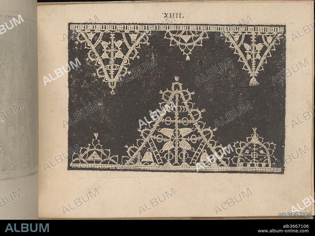 Prima Parte de' Fiori, e Disegni di varie sorti di Ricami Moderni, page 14 (recto). Author: Giovanni Battista Ciotti (Italian, born Siena, ca. 1560). Dimensions: Overall: 5 5/16 x 7 5/16 in. (13.5 x 18.5 cm). Published in: Venice. Publisher: Francesco de' Franceschi (Italian, active 16th century). Date: 1591.
Written by Giovanni Battista Ciotti, published by Francesco de' Franceschi, Italian, active 16th century.
From top to bottom, and left to right:
Design composed of an alternating pattern of upside-down and right-side up decorated triangles. Each triangle is ornamented with a different linear pattern and dotted smaller triangular shapes.