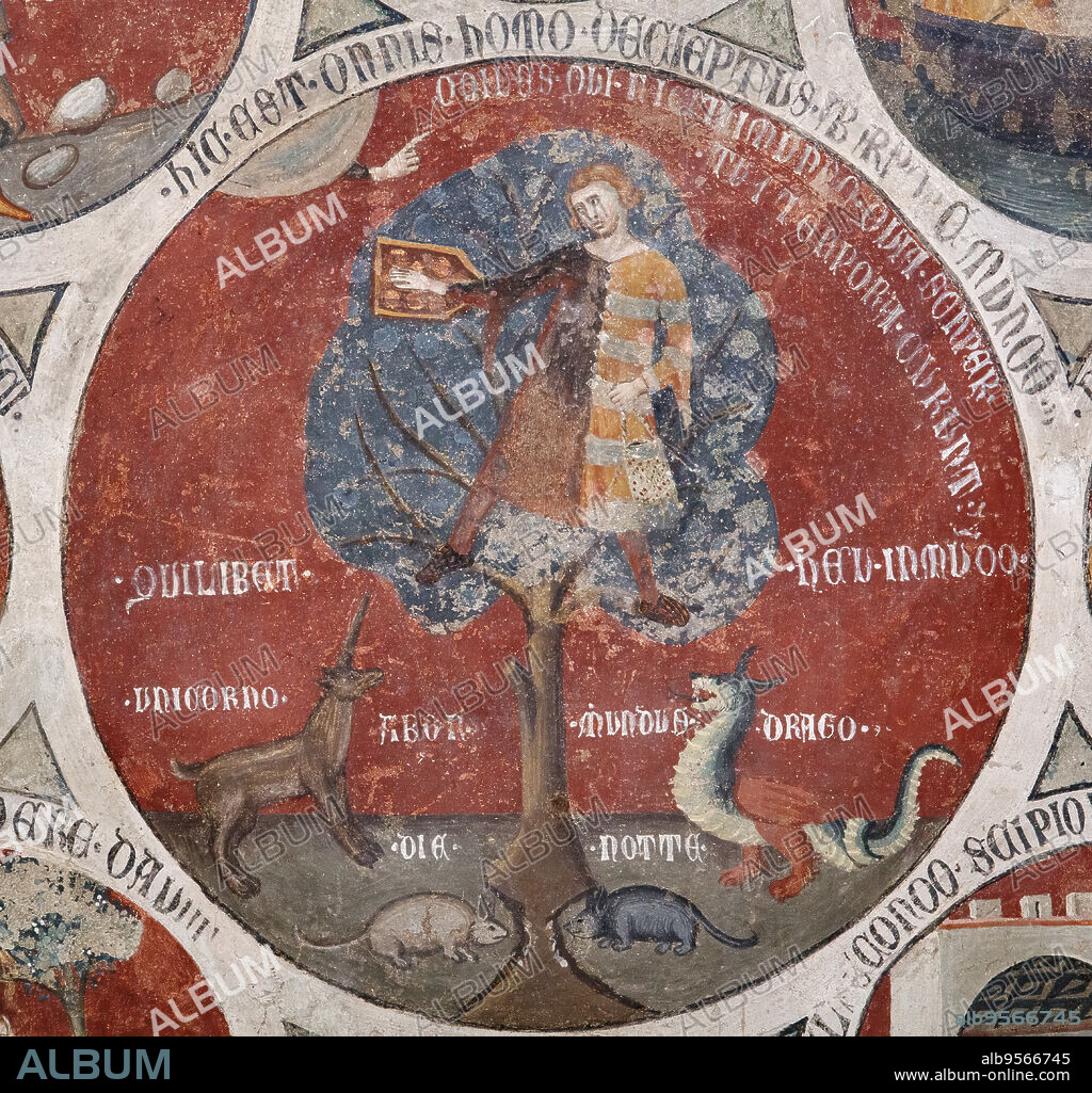 "The Wheel of Barlaam". Detail of the representation of the parable of the unicorn of Barlaam. Frescoes attributed to Cristoforo di Bindoccio and Meo di Piero, 14th century.. Asciano (SI), Civic Museum of Archeology and Sacred Art in Corboli Palace, Room of Aristotle.