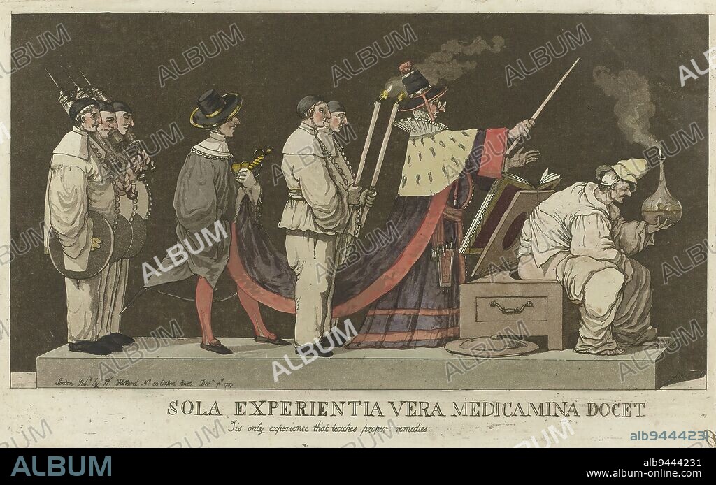 Parade with a Quack, Sola Experientia vera medicamina docet / Tis only experience that teaches proper remedies (title on object), A quack (possibly Doctor Pantalon) stands in full regalia behind a lectern shaped like a poop chair on which sits a patient holding a flask of liquid. To the left, behind the quack are servants holding up two candles, their master's cloak, and clist syringes, respectively., print maker: Louis Jean Desprez, (attributed to), print maker: Frederick George Byron, (attributed to), after design by: Louis Jean Desprez, after design by: Zweden, publisher: London, 1789, paper, etching, height 277 mm × width 457 mm.