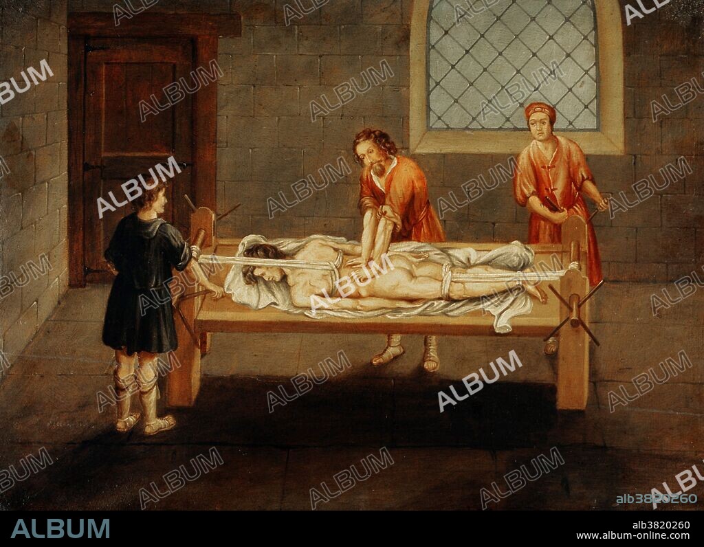 The Hippocratic bench or scamnum was a device invented by Hippocrates (c. 460 BC - 380 BC) which used tension to aid in setting bones. The patient would lie on a bench, at an adjustable angle, and ropes would be tied around his arms, waist, legs or feet, depending on the treatment needed. Winches would then be used to pull the ropes apart, correcting curvature in the spine or separating an overlapping fracture. The bench is a forerunner of the traction devices used in modern orthopedics, as well as of the rack, an instrument of torture. Oil painting by H. M. Hayman, 1923.