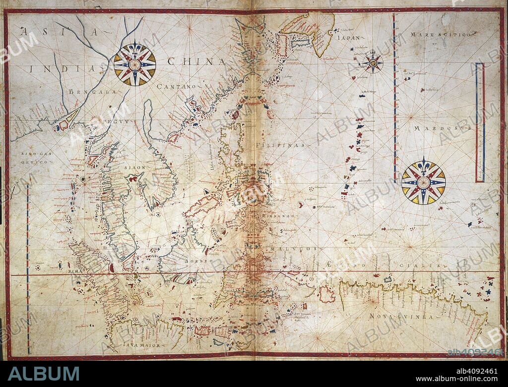 Chart of South East Asia. Portolano. France [Marseilles]; 1613. [Whole chart] Chart of the coasts of Bengal, Siam, Sumatra, Java, China, and the islands of the South China Seas and North Pacific Ocean  Image taken from Portolano.  Originally published/produced in France [Marseilles]; 1613. . Source: Egerton 819, ff.9v-10. Language: Portuguese.