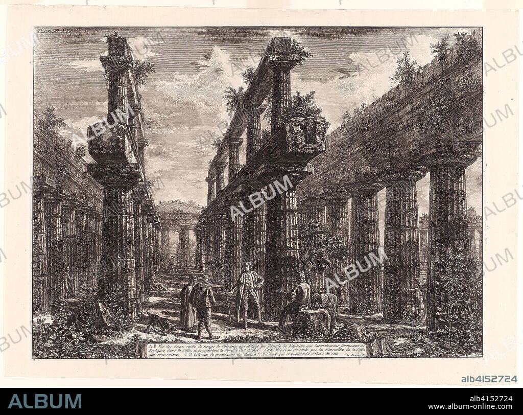 View of the Remains of the Two Rows of Columns in the Temple of Neptune which [originally] formed the colonnades along the sides of the cella, and supported the uppermost part of the roof, from Different views of Paestum. Giovanni Battista Piranesi; Italian, 1720-1778. Date: 1778. Dimensions: 495 x 671 mm (image); 500 x 677 mm (plate); 558 x 762 mm (sheet). Etching on ivory laid paper. Origin: Italy.