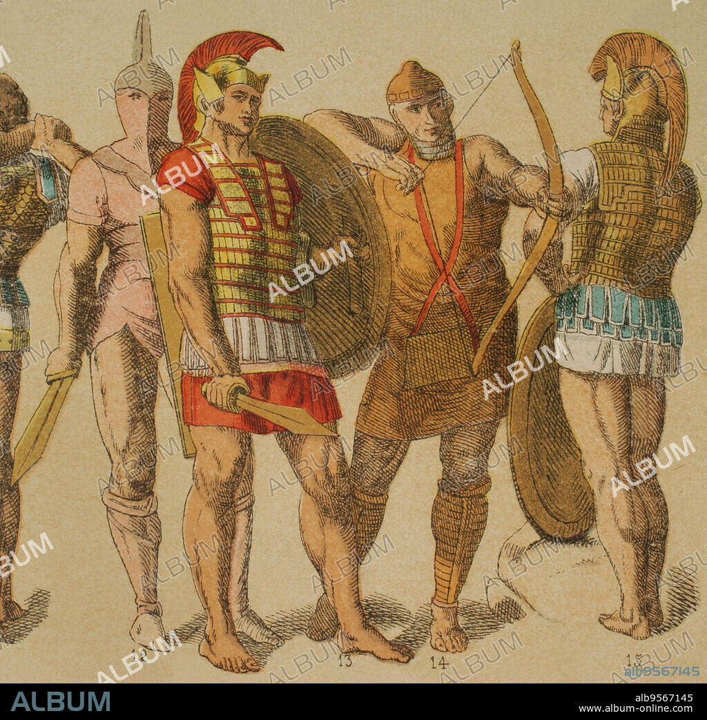 Etruscans. From left to right: 10- chiton, 11,12 and 13- Etruscan armour, 14- leather garments with bronze shield, 15- Etruscan armour. Chromolithography. "Historia Universal", by César Cantú. Volume II, 1881.