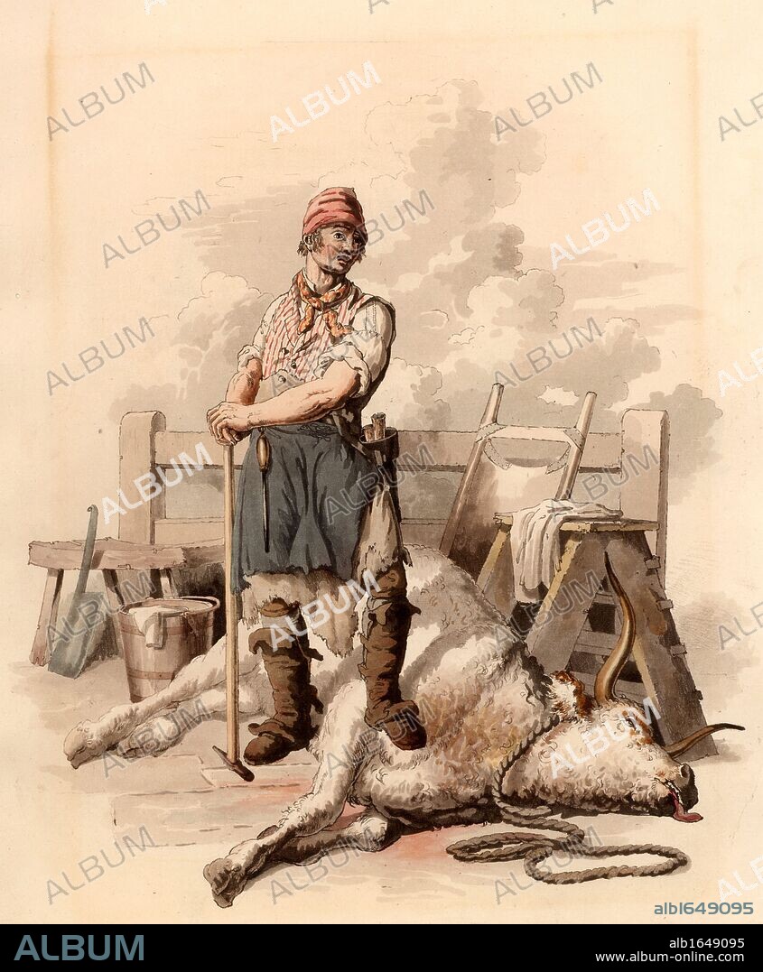 The Slaughterman.  The ox has been killed by blows of the pole-axe to the head.  The slaughterman leans on the pole-axe after the exertion of killing the beast.  A steel for sharpening his tools hangs from his waist.  A cleaver leans against a stool on the left,  and a butcher's tray leans against the hitching rail on centre right.  From "Costume of Great Britain" by William Henry Pyne (London, 1808). Aquatint.  (Photo by: Universal History Archive/UIG via Getty Images).