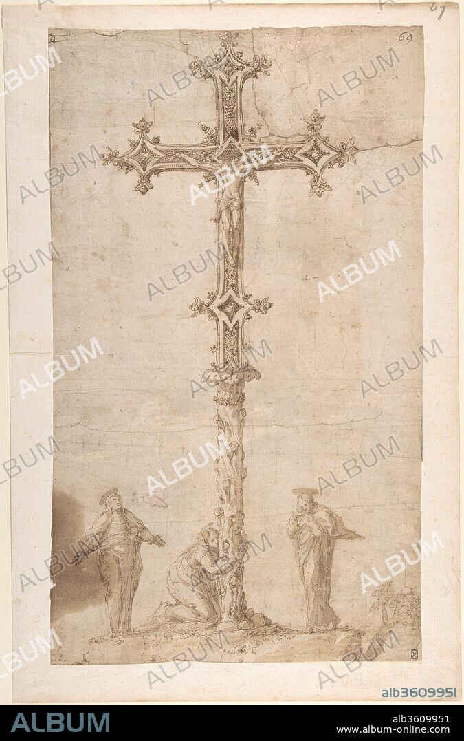 Design for a Crucifix with the Virgin Mary, Saint Mary Magdalen, and Saint John. Artist: Polidoro da Caravaggio (Italian, Caravaggio ca. 1499-ca. 1543 Messina). Dimensions: 15 7/8 x 9 5/16 in. (40.3 x 23.6 cm). Date: n.d..
Like the studies for an altarpiece exhibited nearby, this drawing dates from the last phase of Polidoro's career, when he was active in Sicily. The haunting depiction of the Crucifixion shows Christ isolated on an elaborate reliquary-like cross rising from the trunk of a tree-an allusion to the Tree of Knowledge in the Garden of Eden that bore the forbidden fruit consumed by Adam and Eve, precipitating the fall from grace redeemed through Christ's sacrifice. Isolated in their grief, the mourning figures of the Virgin Mary, John the Evangelist, and Mary Magdalen occupy the space at the base of the cross. The function of this drawing is unknown; it may be a design for a gonfalone, or processional banner, commissioned by a confraternity dedicated to the Crucifix (in which case the Crucifix in the drawing may allude to an actual object of veneration, perhaps a reliquary of the True Cross). Such lightweight works, painted  on canvas, often doubled as altarpieces or devotional images when installed in an oratory or the chapter house of a confraternity.