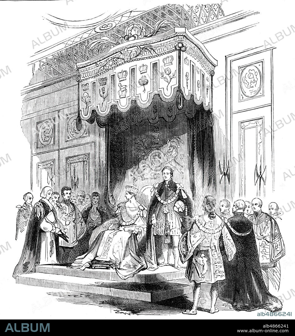 STEPHEN SLY. Enthronization of the Queen as Sovereign of the Order of the Garter, 1844. Queen Victoria takes the throne of Edward III during a traditional ceremony at Windsor Castle. From "Illustrated London News", 1844, Vol I.