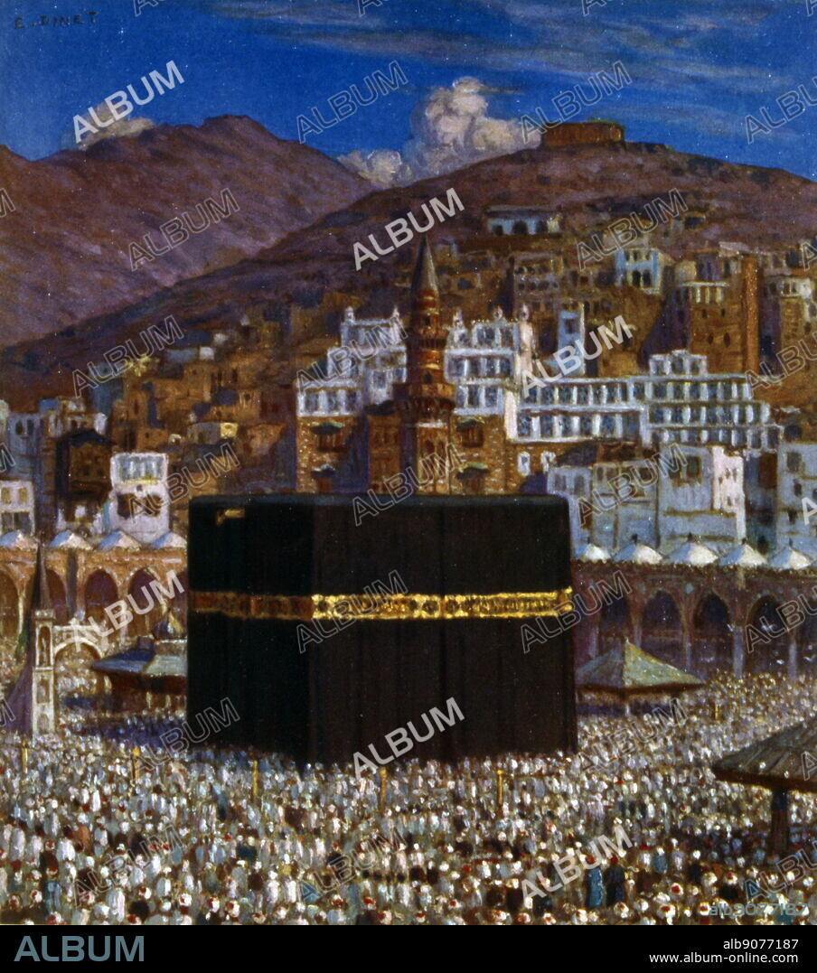 Illustration depicting Moslem pilgrims at the Kabbah in Mecca, by Nasreddine Dinet (Alphonse-Étienne Dinet); 1861 - 1929, a French orientalist painter; 1918. Mecca is the most sacred site in Islam. It is considered by Muslims to be the bayt Allah, the "House of God". Muslims are expected to face the Kaaba when performing salat (prayer). One of the Five Pillars of Islam requires every Muslim who is able to do so to perform the hajj pilgrimage at least once in their lifetime. Multiple parts of the hajj require pilgrims to make tawaf, the circumambulation seven times around the Kaaba in a counter-clockwise direction.