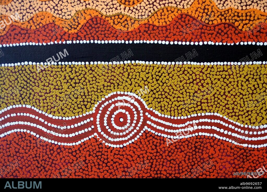 ALICE SPRINGS, NT - MAY 29 2019: Indigenous Australian art Dot painting. It's one of the oldest traditional form of art in the world. Paint marks to tell Aboriginal myths and legends.