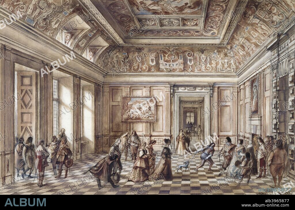 Bolsover Castle entrance hall, c17th century, (c1960s).  Reconstruction drawing showing the entrance hall interior. A a castle in Bolsover, Derbyshire, England, built in the early 17th century by the Cavendish family, on the site of a medieval castle founded in the 12th century by the Peverel family.