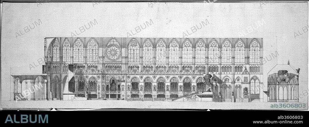 PIERRE FRANCOIS LEONARD FONTAINE and CHARLES PERCIER. Cross Section of the Nave of Reims Cathedral. Artist: Charles Percier (French, Paris 1764-1838 Paris); Pierre François Léonard Fontaine (French, Pontoise 1762-1853 Paris). Dimensions: 9 11/16 x 27 3/4 in. (24.6 x 70.5 cm). Date: n.d..