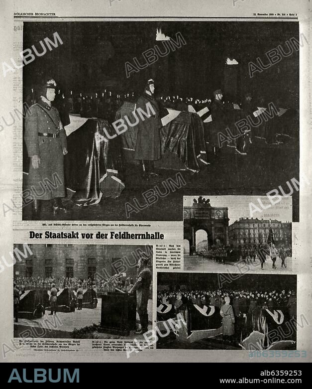 Allemagne / Période nazi / Cérémonies officielles pour les obsèques des sept victimes de l'attentat de la Bürgerbräukeller le 8.11 (Munich, 11.11.1939). - "Cérémonies officielles devant la Feldherrhalle". Texte du compte rendu photos du quotidien nazi " Völkischer Beobachter", 52e année, n° 316, Berlin, 12 novembre 1939, p. 3. Paris, Bibliothèque Nationale.