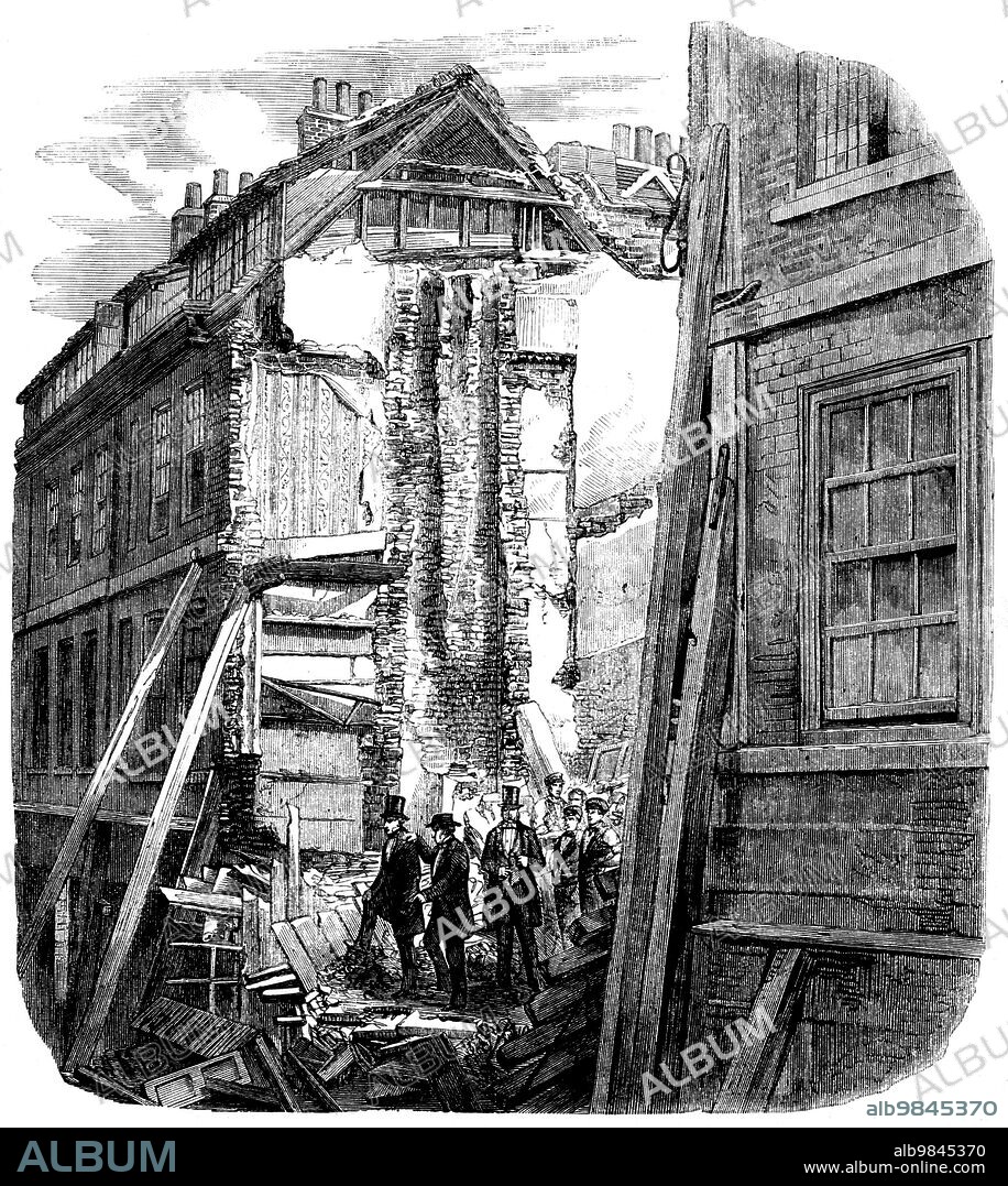 Ruins of the Fallen Houses in Pilgrim-street, City, 1858. Engraving from a photograph by Butler and Dyer, of Walnut-tree-walk, Lambeth. 'The whole of the buildings forming the south side of the street are nearly 200 years old, and for some time past their tottering condition has aroused the attention of the neighbouring inhabitants...the Vintners' Company, anxious to improve the neighbourhood and add to the worth of property of theirs...proceeded to rebuild two of [the houses]...This resulted in steps being taken to remove some houses adjoining; and, according to some authorities, this caused the downfall of those now in ruins. The house occupied by Mr. Solomons...was full of valuable furniture...but no one was upon the premises...Eastward still stands the house and shop of Mr. J. J. Clagg, carpenter, but in a most dangerous condition. In this dwelling there were...nine persons asleep, who were nearly suffocated by the clouds of dust which surrounded them...Mr. Painter, the inspector of the district, was upon the spot within ten minutes...and the Messrs. Cook, the City contractors, sent a number of men to shore up the adjoining houses: this they did with much alacrity, notwithstanding the danger which encompassed them on every side'. From "Illustrated London News", 1858.