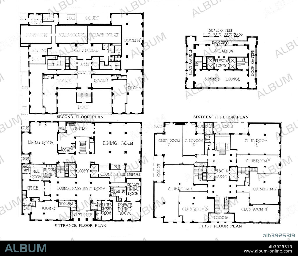 Floor plans, the Fraternity Clubs Building, New York City, 1924. Designed by Murgatroyd and Ogden in Renaissance Revival style, the Fraternity Clubs Building is a hotel completed in 1923. Today it is known as Jolly Madison Towers. From The Architectural Forum Volume XLI. [Rogers and Manson, New York, 1924].