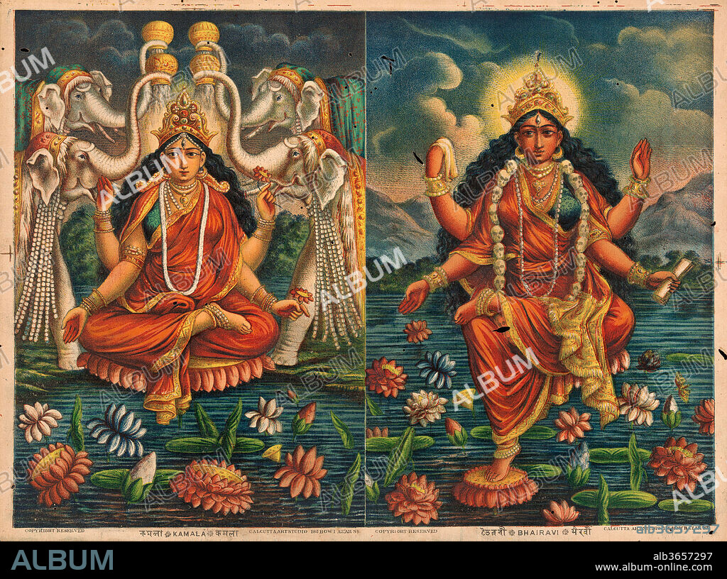 Kamala/ Bhairavi. Culture: India. Dimensions: Image: 11 1/4 × 15 1/4 in. (28.6 × 38.7 cm)
Sheet: 12 × 16 in. (30.5 × 40.6 cm). Date: 1885-90.
Kamala and Bhairavi are two of the ten Mahavidyas or great manifestations of Devi (deified aspects of the goddess that range from pacific to ferocious). 
On the left, four elephants lustrate the goddess who is identified in a below label as Kamala.  She holds lotuses in her two left hands while her upper right is in the abhaya mudra (reassurance) and her lower right is in the varada mudra (boon giving).  She sits on a lotus and in fact, her name means "she of the lotus", an epithet of the goddess Lakshmi.  Kamala is a bringer of prosperity, fertility and luck, all characteristics she shares with Lakshmi, a goddess that is also lustrated by elephants.
The labeled Mahavidya Bhairavi, on the right, holds a book in her lower left hand and a mala in her upper right (here hidden within a small bag that covers the end of her hand).  The garland of skulls around her neck hints at the terrible nature of this goddess who is the female aspect of Bhairava, a ferocious form of Shiva.  Here she is shown as a calm and beautiful woman in a mountain landscape. The demeanor of the figure speaks to her dual role as the peaceful Parvati, while her weapons allude to her terrible aspect.  Bhairavi is credited with slaying the demons Sumbha and Nishumbha.