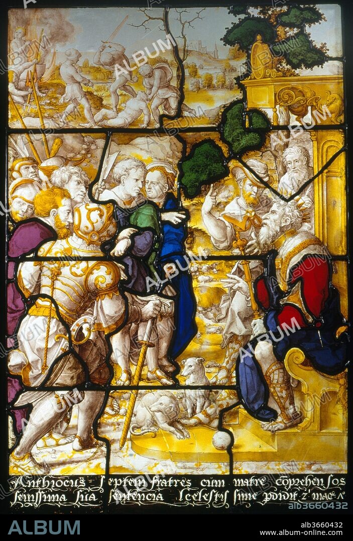 Martyrdom of the Seven Maccabee Brothers and Their Mother. Artist: Designed and executed by Dirck Vellert (Netherlandish, Amsterdam (?) ca. 1480/85-ca. 1547). Culture: Flemish, Antwerp. Dimensions: Overall: 27 3/4 × 18 1/2 in. (70.5 × 47 cm);
Framed (confirmed): 28 1/2 × 19 5/16 × 5/8 in. (72.4 × 49.1 × 1.6 cm). Date: ca. 1530-35.
As the finesse of this window reveals, Vellert was a great designer who also excelled in the technical craft of glass painting--usually the realms of two distinct professions. Albrecht Dürer's diary of his Netherlandish travels reveals that the two master artists shared social circles, describing an evening hosted by the wealthy and successful Vellert: "Master [Dirck], the Antwerp glass painter, invited me and asked many others to meet me; and among them especially Alexander the goldsmith, a rich, stately man, and we had a costly feast and they did me great honour."
[Elizabeth Cleland, 2017].