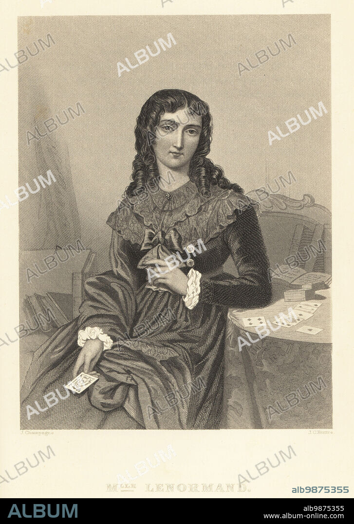 Mlle. Lenormand, famous French cartomancer, 17721843. Marie Anne Adelaide Le Normand, French bookseller, necromancer, fortune-teller and cartomancer of considerable fame during the Napoleonic era. WIth playing cards at a table. Steel engraving by J.C. Buttre after a portrait by Jules Champagne from Frank B. Goodrichs The Court of Napoleon or Society under the First Empire, J. B. Lippincott, Philadelphia, 1875.