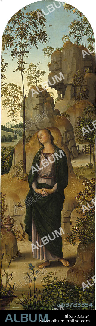 PIETRO PERUGINO. The Crucifixion with the Virgin, Saint John, Saint Jerome, and Saint Mary Magdalene [right panel]. Dated: c. 1482/1485. Dimensions: right panel: 95 x 30.1 cm (37 3/8 x 11 7/8 in.)  framed: 134 x 165.1 x 7.3 cm (52 3/4 x 65 x 2 7/8 in.). Medium: oil on panel transferred to canvas.