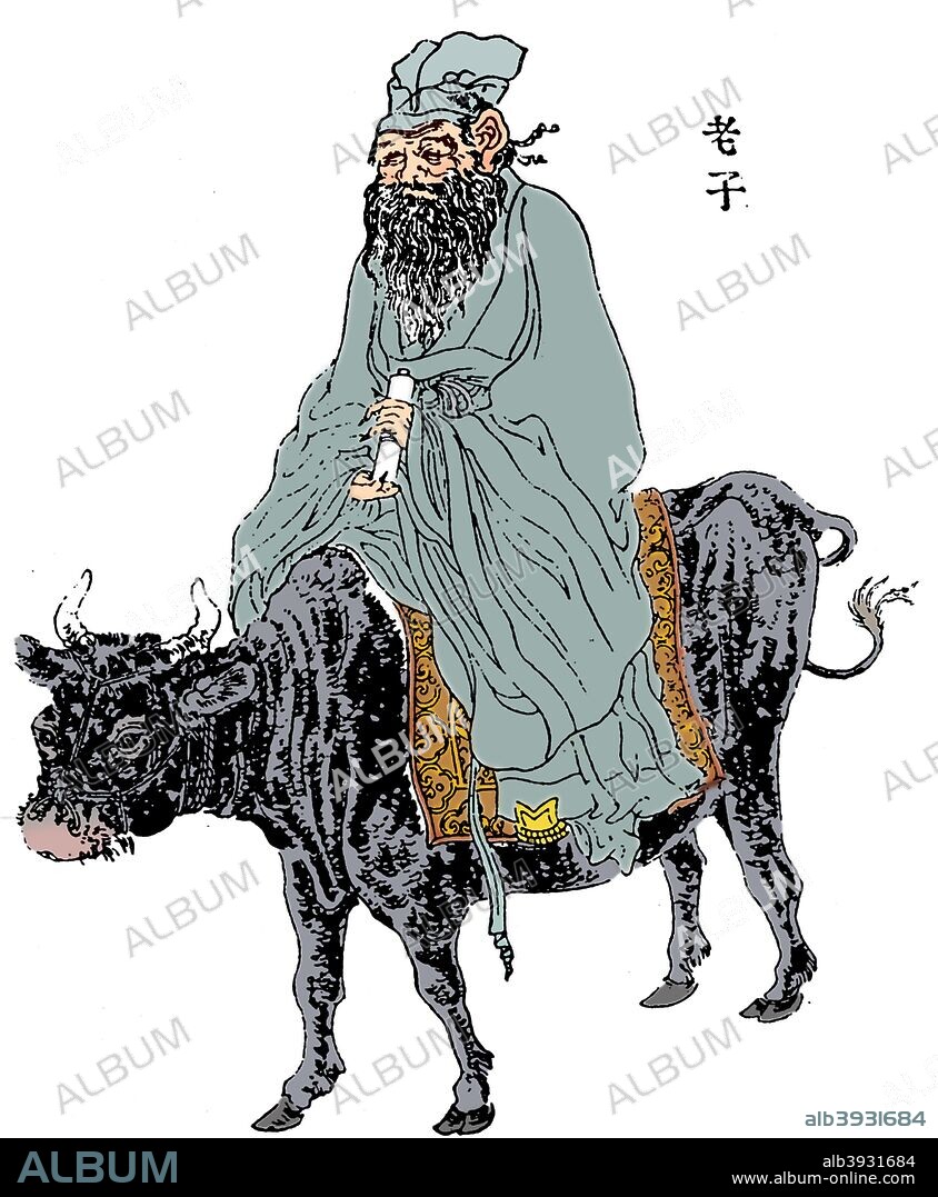 Lao-Tzu, ancient Chinese philosopher and inspiration of Taoism, late 19th century. Lao-Tzu (fl 6th century BC) riding a buffalo. This is the most popular depiction showing him seated on the animal that will carry him through the official border, out of the country and into Central Asia so that he can spread his philosophical teachings. Strange descriptions abounded regarding Lao Zi's physical appearance, some saying he was supposed to have emerged from his mother's side after eighty-one years in the womb, already an old man with white hair (hence his name, literally 'aged child'). He was also said to have extraordinarily large ears. (Colorised black and white print).