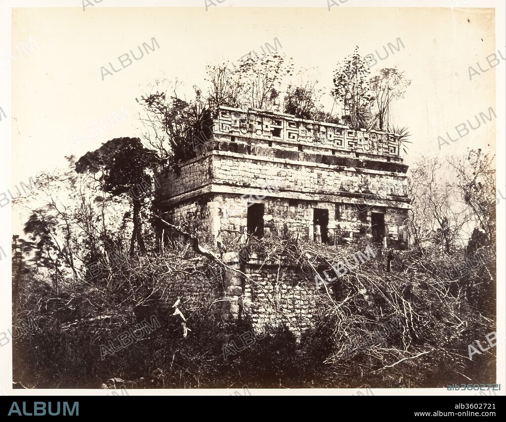 La Prison, à Chichen-Itza. Artist: Désiré Charnay (French, 1828-1915). Dimensions: Image: 33.3 x 42.4 cm (13 1/8 x 16 11/16 in.)
Mount: 54 x 70.8 cm (21 1/4 x 27 7/8 in.). Date: 1857-89.
Charnay was among the first to photograph Mexico's stunning Mayan ruins. The French archaeologist-adventurer gained considerable fame with the publication of his photographs and an account of his travels entitled Cités et ruines américaines: Mitla, Palenqué, Izamal, Chichen-Itza, Uxmal (1862-63). In this plate from the album, Charnay photographed a building he described as a "prison" emerging from the jungle at Chichén-Itzá. Built in the late eighth or ninth century, this temple building was constructed in a complex architectural style called Puuk and is today known as the Casa Colorada or Chichen Chob. Archaeologists are unsure of the structure's original function, but most today believe the building may have been an elite residence. Without the advantages of modern carbon dating and years of scholarly analysis, Charnay simply documented the overgrown site and endowed it with all the mystery and enchantment of one's childhood fantasy of lost paradise.