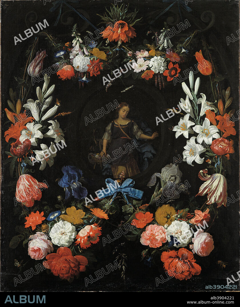 ABRAHAM MIGNON. Garland of Flowers. Date/Period: Ca.-1675. Painting. Oil on canvas. Height: 102.70 mm (4.04 in); Width: 845 mm (33.26 in).