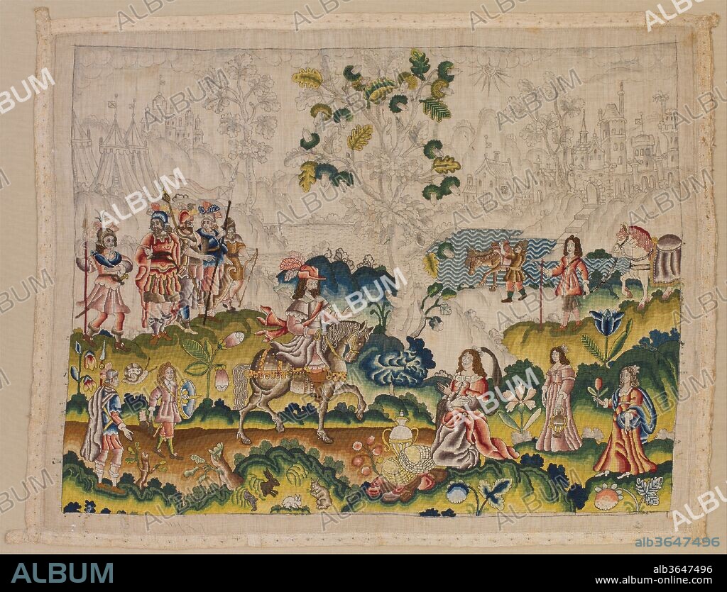 David and Abigail. Culture: British. Dimensions: H. 19 x W. 24 1/2 in. (48.3 x 62.2 cm). Date: mid-17th century.
This panel was probably intended as a cushion cover. It illustrates scenes from the life of the biblical patriarch Abraham, as recounted in the Book of Genesis. The central scene shows Abraham being informed by a host of angels that his wife Sarah will bear him a son, despite her advanced age. Other scenes include Abraham banishing his servant Hagar and her son by Abraham, Ishmael (lower left corner), and Abraham's attempted sacrifice of Sarah's son Isaac, the act he was ordered by God to perform as a test of his faith (upper right corner).
Biblical narratives were extremely popular subjects for seventeenth-century pictorial embroideries, and a number of other examples depicting the life of Abraham exist. The imagery of the Museum's example is derived from engravings after Maarten de Vos which first appeared in Gerard de Jode's 1579 illustrated bible Thesaurus Sacrarum Historiarum Veteris Testamenti, published in Antwerp. These engravings were also the inspiration for other biblical embroideries, such as the story of David and Bathsheba, and David and Abigail.