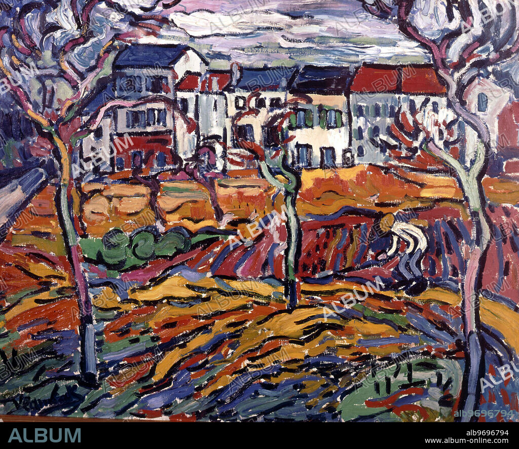 Houses at Chatou. Maurice de Vlaminck 1876-1958. Chicago Art Institute. Maurice de Vlaminck (April 4, 1876 - October 11, 1958) was a French painter, printmaker and author.. Vlaminck was born in Paris to bohemian musician parents. He, too, would become a talented musician, sometimes earning a living with his violin. He was a professional cyclist until his athletic career was cut short when he contracted Typhoid fever in 1896. Eventually, he joined the military. While on military leave, he met André Derain. Henri Matisse, Derain, and Vlaminck created the Fauvist art movement, marked by bold, non-naturalistic colors and seemingly chaotic compositions. ©TopFoto.