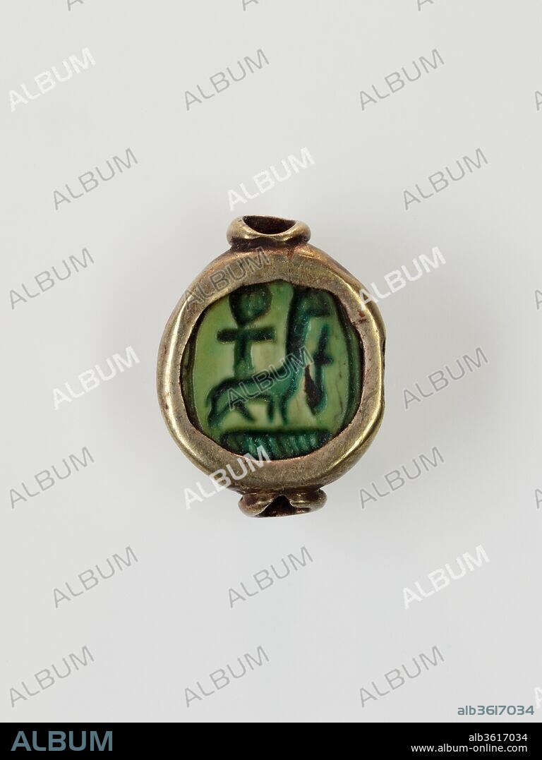 Scarab Set in a Ring Bezel. Dimensions: L. 1.6 cm × W. 1 cm × H. 0.7 cm (5/8 × 3/8 × 1/4 in.). Dynasty: Dynasty 18, early. Reign: reign of Thutmose I-Thutmose III. Date: ca. 1504-1425 B.C..
A giraffe is the central image on the base of this scarab, which was once part of a ring. This animal was associated with prophecy. Thus, the giraffe, in combination with the heiroglyphs on either side of it, predicted a "life of all good things" for the scarab's owner.