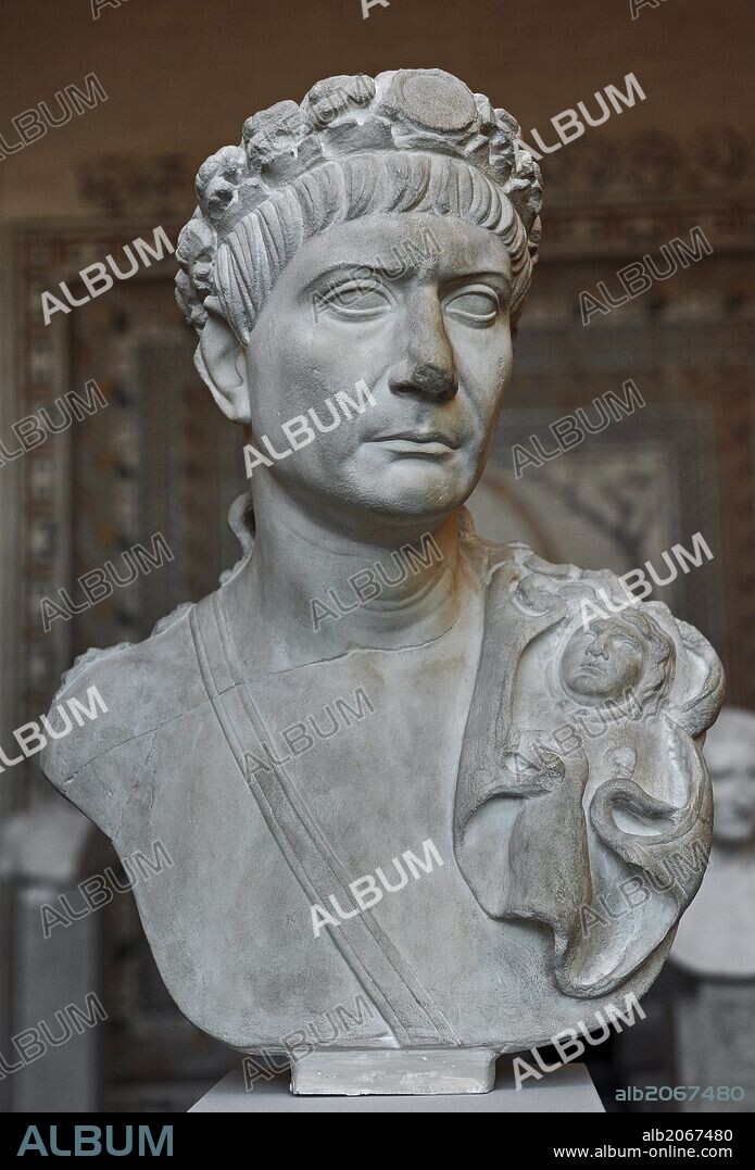 Trajan (53 AD-117 AD). Was Roman Emperor from 98 AD until his death. Bust shows him with the civic crown, sword belt and aegis (a divine weapon). Glyptothek. Munich. Germany.