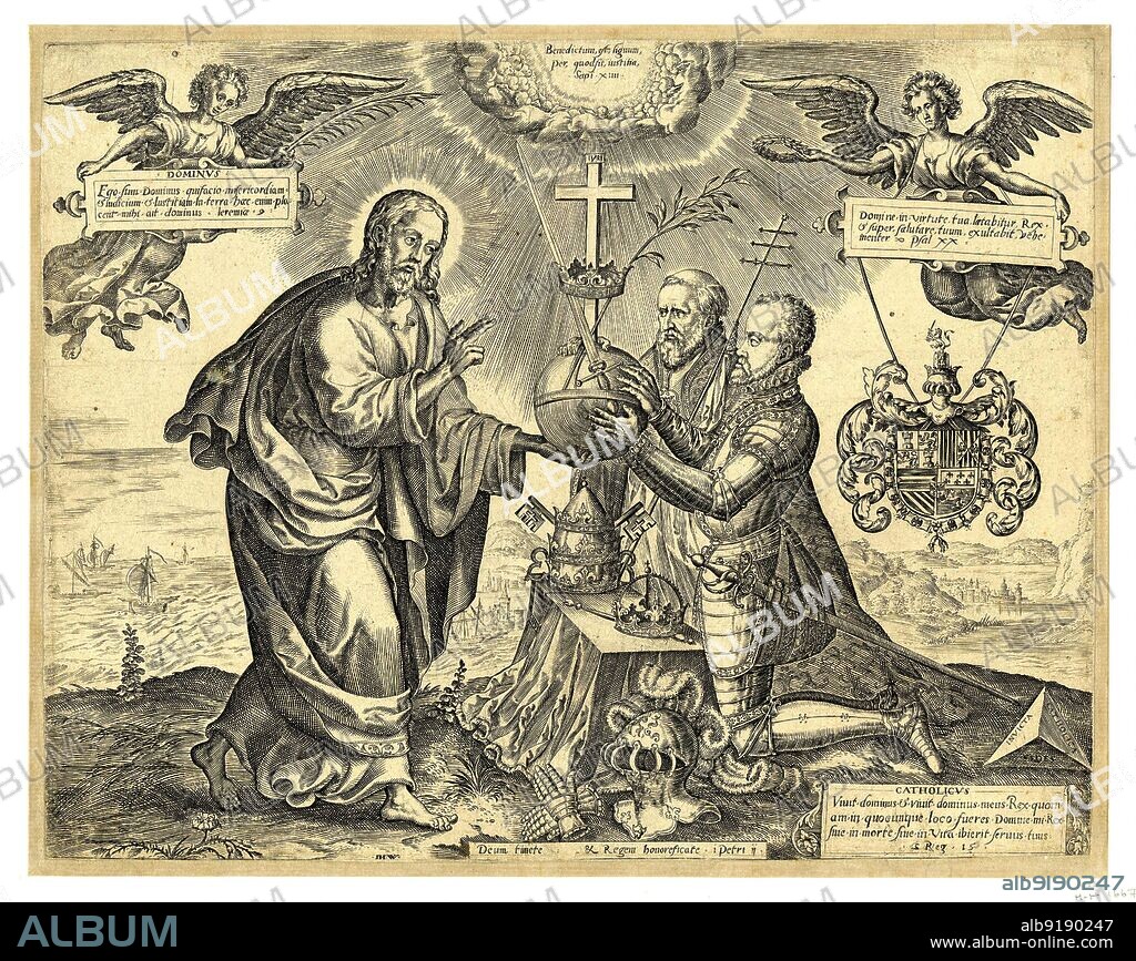 Christ gives the symbols of power to Philip II and Pope Gregory XIII; Christ makes a blessing gesture and holds out an orb; the Pope and King place their hands on the orb and kneel before a table on which rests a crown and sceptre and tiara and keys of St Peter; the orb has a sword and olive branch, crown and cross; flanking the three central figures are two angels holding a palm and wreath and cartouches; the coat-of-arms of Philip dangles at right. Engraving, 1570-1580, 230 millimetres x 293 millimetres.