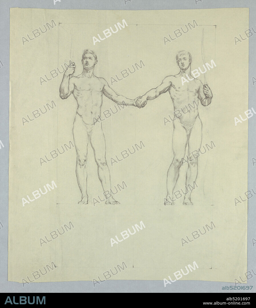 Figure Study for Seal of the University Club, New York, Kenyon Cox, American,  18561919, Graphite on paper, Two nude male figures holding hands. Each  holds a staff., USA, c - Album alb5201697