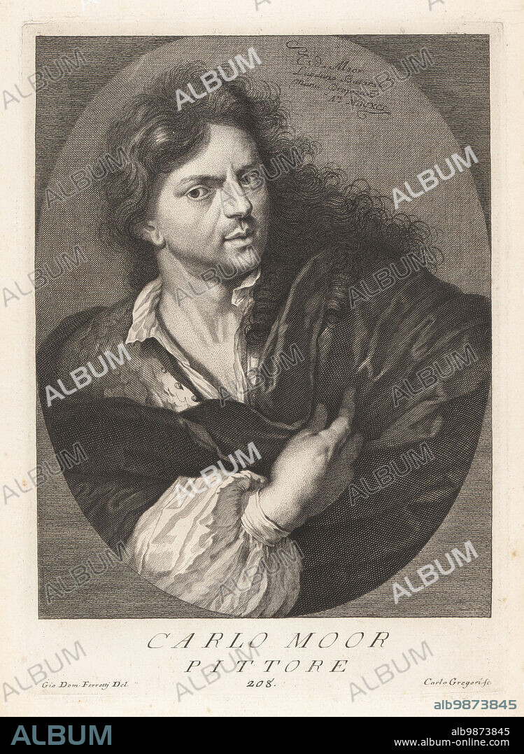 Carel de Moor, Dutch Golden Age etcher and painter, 1655-1738. A pupil of Gerard Dou and member of the Leiden Guild of St. Luke. Oval miniature portrait with date MDCXCI 1691. Carlo Moor, Pittore. Copperplate engraving by Carlo Gregori after Giovanni Domenico Ferretti after a self portrait by the artist from Francesco Moucke's Museo Florentino (Museum Florentinum), Serie di Ritratti de Pittori (Series of Portraits of Painters) stamperia Mouckiana, Florence, 1752-62.