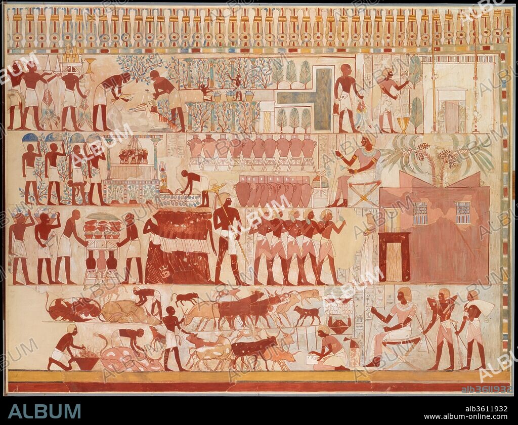 Nebamun Supervising Estate Activities, Tomb of Nebamun. Artist: Charles K. Wilkinson ca. 1928-1930. Dimensions: facsimile: h. 99 cm (39 in); w. 130 cm (51 3/16 in); scale 1:2; framed: h. 132.1 cm (52 in); w. 101.6 cm (40 in); th. 3.2 cm (1 1/4 in). Dynasty: Dynasty 18. Reign: reign of Thutmose IV-Amenhotep III. Date: ca. A.D. 1928; original ca. 1400-1352 B.C..
This facsimile copies a wall painting from the tomb of a man named Nebamun who lived in the middle of Egypt's Dynasty 18 (about 1475 B.C.).  The scene probably depicts various activities that were part of Nebamun's personal life.  In the center of the top register, men gather grapes in a vinyard and at the left side of the next register down, the grapes are brought to a winery, pressed, and decanted into pottery jars while Nebamun, seated on a stool, looks on.  In the bottom register, Nebamun, seated at the right, watches while a scribe named Djenutynefer (kneeling in front of him) records the branding of cattle.  
In the upper right corner, Nebamun and an attendant bring offerings of thanks to a temple, and below, the outside of a house is depicted with two date palms growing from an interior courtyard.
If you look closely at the facsimile, it's possible to see that the 20th Century artist, Charles K. Wilkinson, restored parts of the scene that had been damaged since the original had been painted some 3400 years before.