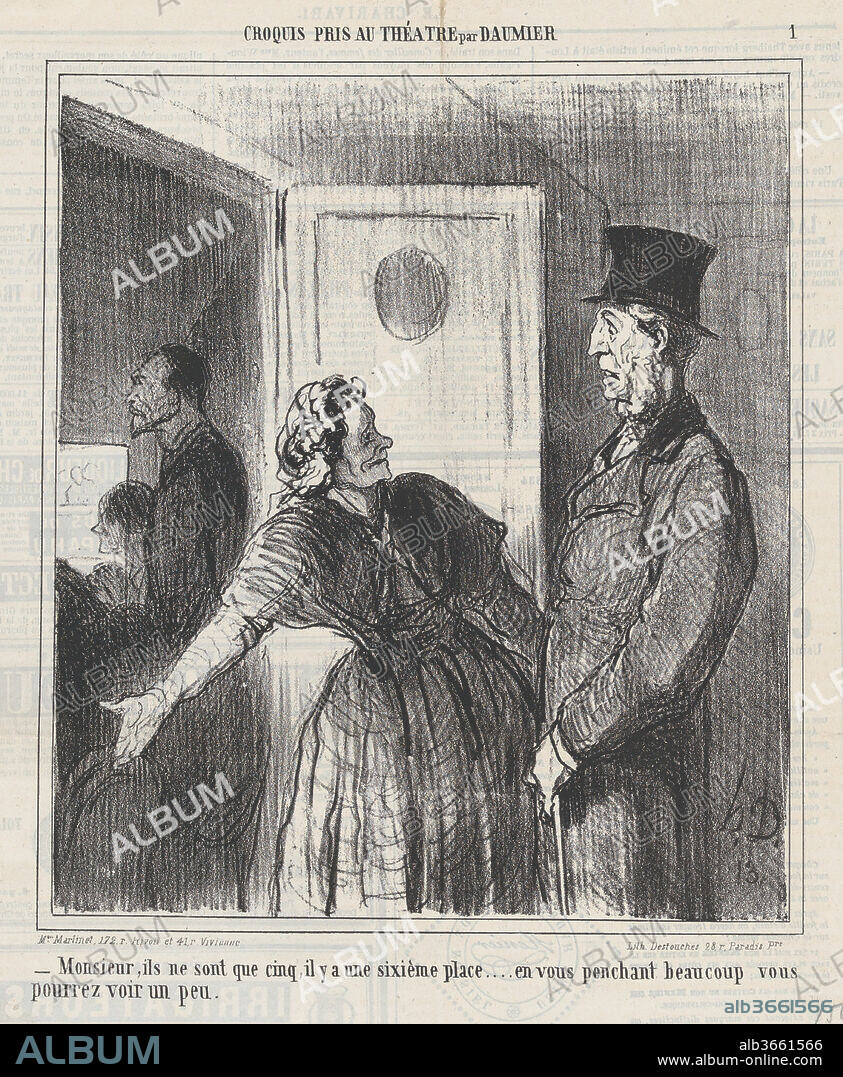 HONORE DAUMIER. Sir, so far there are only five people here..., from 'Theater sketches,' published in Le Charivari, April 3, 1864. Artist: Honoré Daumier (French, Marseilles 1808-1879 Valmondois). Dimensions: Image: 9 1/8 × 7 15/16 in. (23.2 × 20.2 cm)
Sheet: 11 3/4 × 11 1/8 in. (29.8 × 28.2 cm). Printer: Destouches (Paris). Publisher: Aaron Martinet (French, 1762-1841). Series/Portfolio: 'Theater sketches' (Croquis pris au théatre). Date: April 3, 1864.