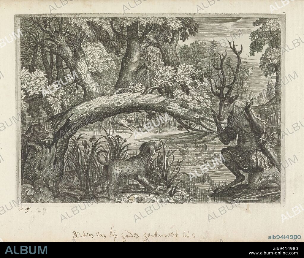 Actaeon attacked by his dogs, Metamorphoses of Ovid (series title), Prince Actaeon is turned into a deer by Diana because he saw her naked. Acteon kneels on the shore. His hounds are about to attack him., print maker: Crispijn van de Passe (II), publisher: Crispijn van de Passe (II), (attributed to), c. 1636 - 1670, paper, engraving, height 164 mm × width 229 mm.