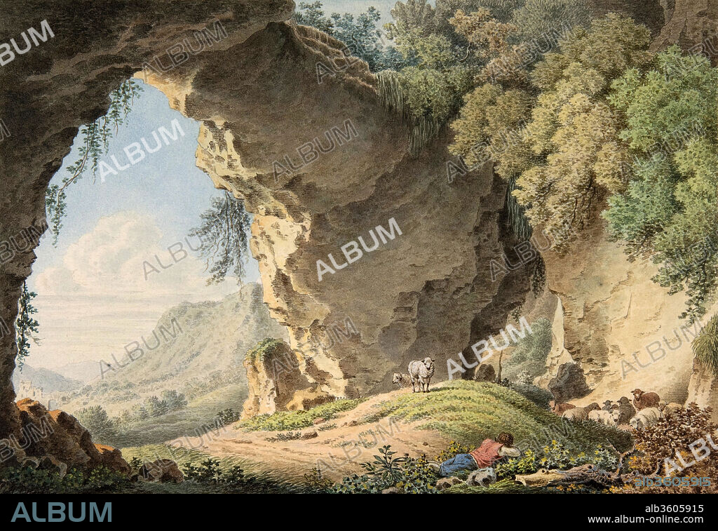 Rocky Landscape with Sleeping Shepherd. Artist: Philip Heinrich Dunker (German, Bern 1780-1836 Nuremberg). Dimensions: sheet: 5 11/16 x 8 3/16 in. (14.5 x 20.8 cm). Date: 1817.