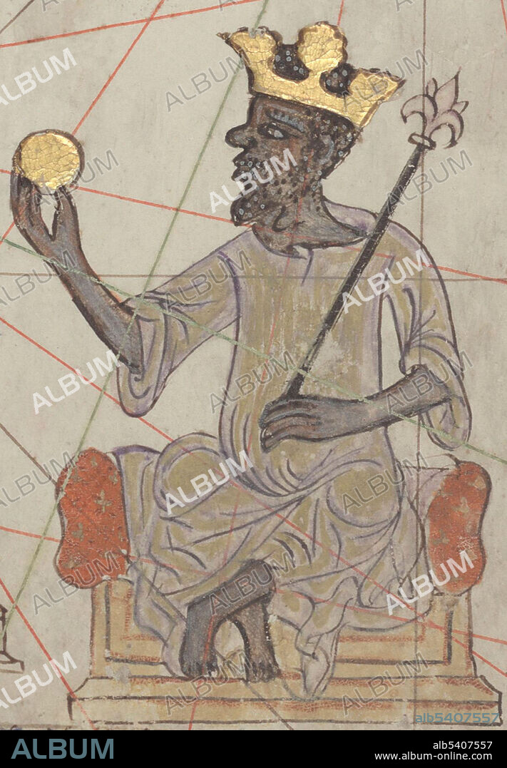 Mansa Musa holding a gold coin as depicted on Catalan chart, 1375. Musa I (1280 - 1337) was the 10th Mansa. Musa was a devout Muslim and made a pilgrimage to Mecca between 1324-25. His procession reportedly included 60,000 men all wearing brocade and Persian silk, including 12,000 slaves, who each carried 4 lbs of gold bars and heralds dressed in silks who bore gold staffs, organized horses, and handled bags.