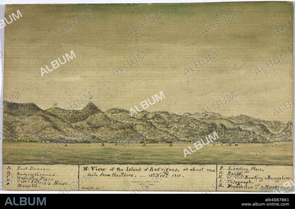 North view of the Island of Rod'rigues, at about one mile from the shore. 13th November 1810. Bombay Views and Costume. 1810-11. India. A - Fort Duncan,   B - Burying ground,   C - Watering place,   D -Captn. Imlack's House,   E - Hospital,   F - Landing place,   G - Bazar,   H - Lt. Col. Keating's bungalow,   I - Telegraph,   K - French Governors house. Source: WD 315.