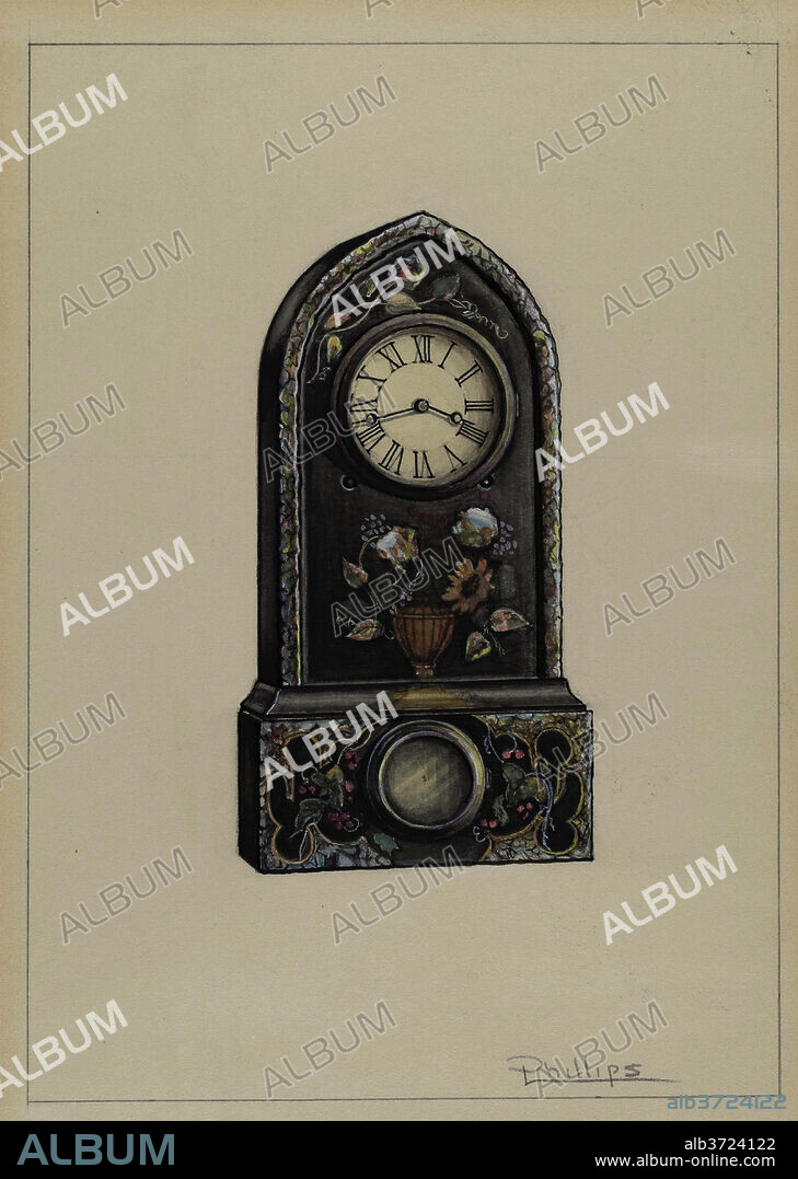 LAWRENCE PHILLIPS. Clock. Dated: 1936. Dimensions: overall: 28.2 x 22.6 cm (11 1/8 x 8 7/8 in.)  Original IAD Object: 15 5/8"high x 8 5/8"wide. Medium: watercolor, colored pencil, graphite, and some heightening on paperboard.