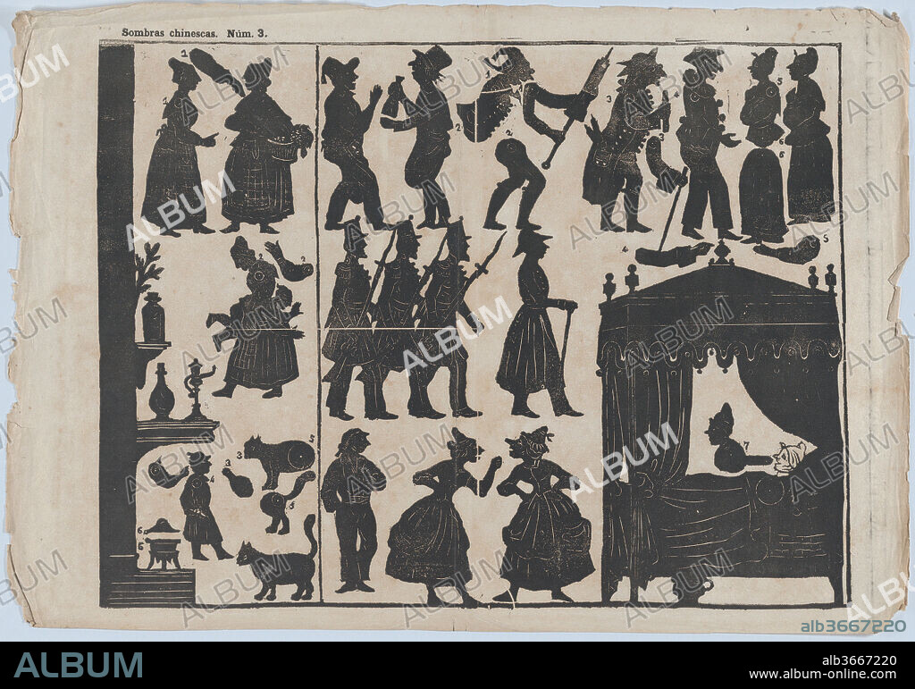 Sheet 3 of figures for Chinese shadow puppets. Dimensions: Sheet: 12 13/16 × 18 1/8 in. (32.5 × 46 cm). Publisher: Possibly Juan Llorens (Spanish, active Barcelona, ca. 1855-70). Date: ca. 1850-70.