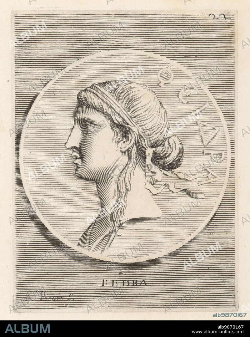 Phaedra, Cretan princess, daughter of Minos and Pasiphae, sister of  Ariadne, and wife of Theseus, king of Athens. Head of a woman with her hair tied  up in a simple band fr -