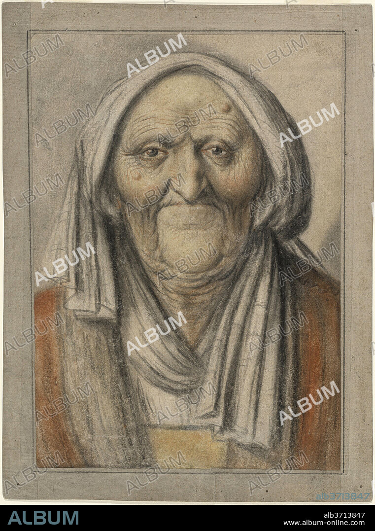 LAGNEAU. Bust of an Old Woman Wearing a Head Scarf. Dated: c. 1625.  Dimensions: overall: 32.7 x 22.8 cm (12 7/8 x 9 in.). Medium: black chalk  and colored chalks on laid pa - Album alb3713847