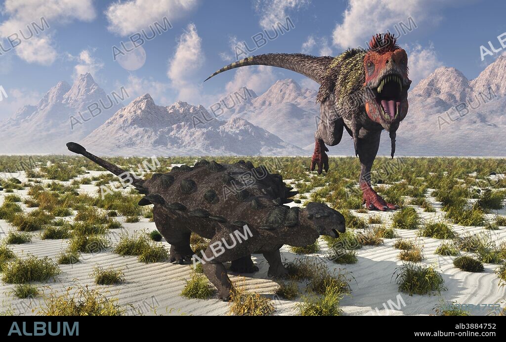 A Tarbosaurus dinosaur approaching a Pinacosaurus. - Album alb3884752