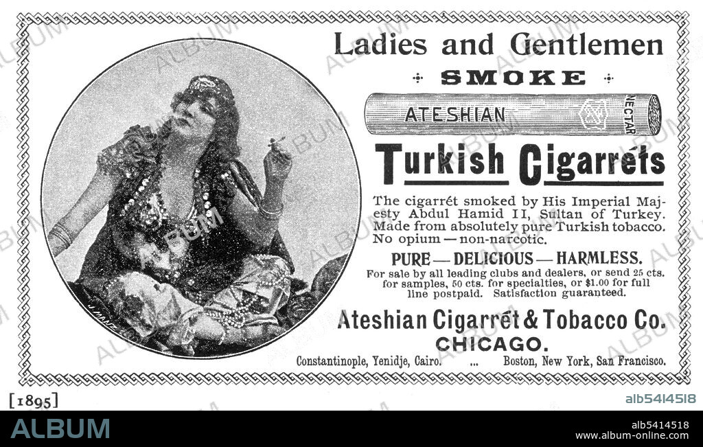 Ladies and gentlemen smoke Ateshian Turkish Cigarrets. In the English-speaking world, the use of tobacco in cigarette form became widespread during and after the Crimean War, when British soldiers began emulating their Ottoman Turkish comrades and Russian enemies, who had begun rolling and smoking tobacco in strips of old newspaper for lack of proper cigar-rolling leaf. This was helped by the development of tobaccos suitable for cigarette use, and by the development of the Egyptian cigarette export industry. 1895 advertisement (cropped and cleaned).