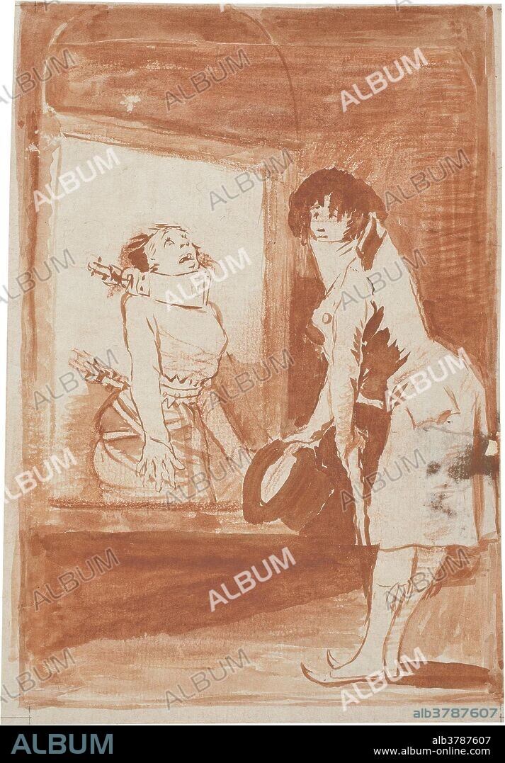 Francisco de Goya y Lucientes / 'La tortura del dandy'. 1797 - 1798. Aguada roja, Sanguina sobre papel verjurado, agarbanzado, 190 x 132 mm.