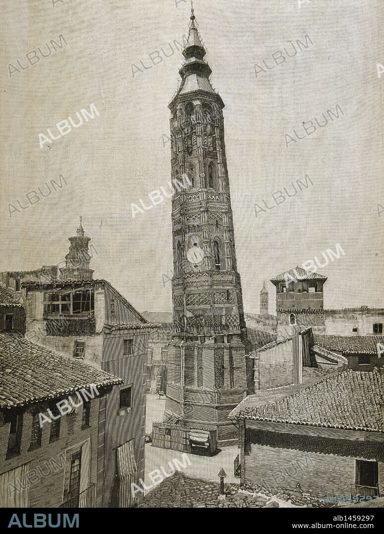 ZARAGOZA. Vista de la "TORRE NUEVA INCLINADA". Aragón. España. Grabado del año 1891.