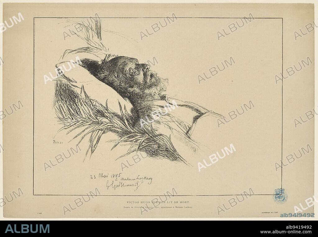 Victor Hugo on his deathbed, Petit (engraver), Photo-engraver, Guillaumet, Gustave, Author of the model, Art print, Printer, Art, Publisher, In 5-1885, 4th quarter of the 19th century, Graphic arts, Print, Photomechanical process, Dimensions - Square line:, Height: 25.2 cm, Width: 35.2 cm, Height: 30.4 cm, Width: 44 cm.