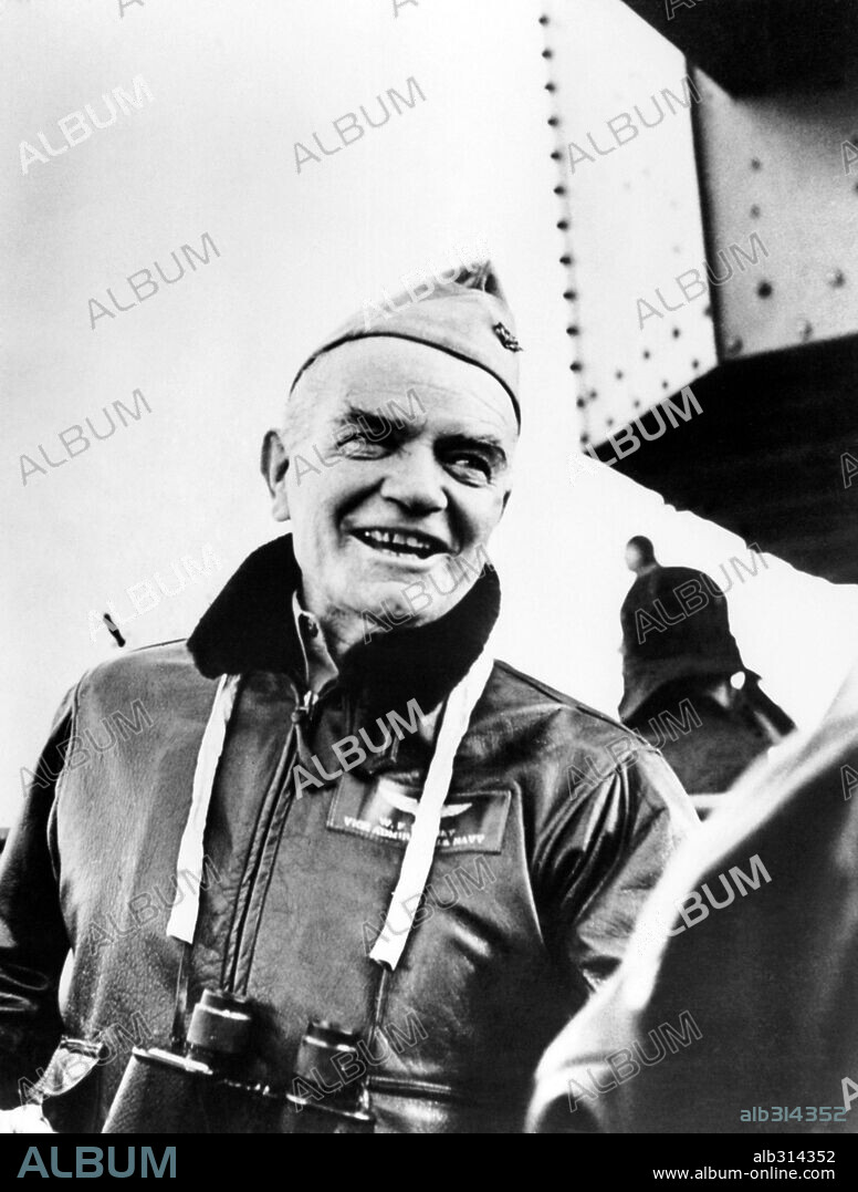 Vice Admiral Frederick Halsey, Jr. commander of all US Navy aircraft carriers in the Pacific Ocean and the senior admiral at sea. He is shown here on the bridge of his carrier flagship.