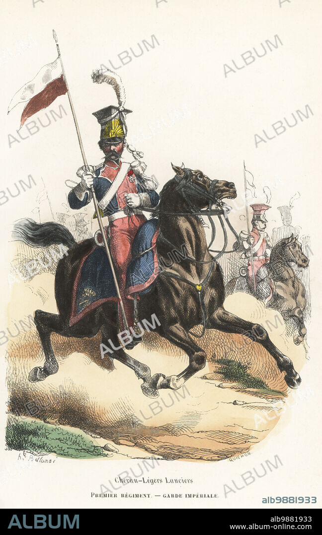 Uniform of the 1st Regiment Polish lancers, French Imperial Guard, in a charge. In plumed shako, blue and pink uniform, lance with Polish pennant. Chevau-Legers Lanciers, Premier Regiment, Garde Imperiale. Handcoloured woodcut by Quichon after an illustration by Hippolyte Bellangé from P.M. Laurent de lArdeches Histoire de Napoleon, Paris, 1840.